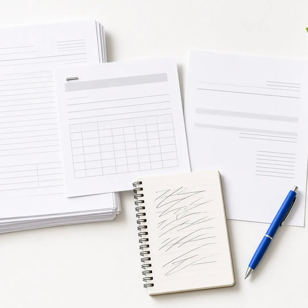 Printed scope-of-work report, disposal records, and handwritten notes arranged on a desk
