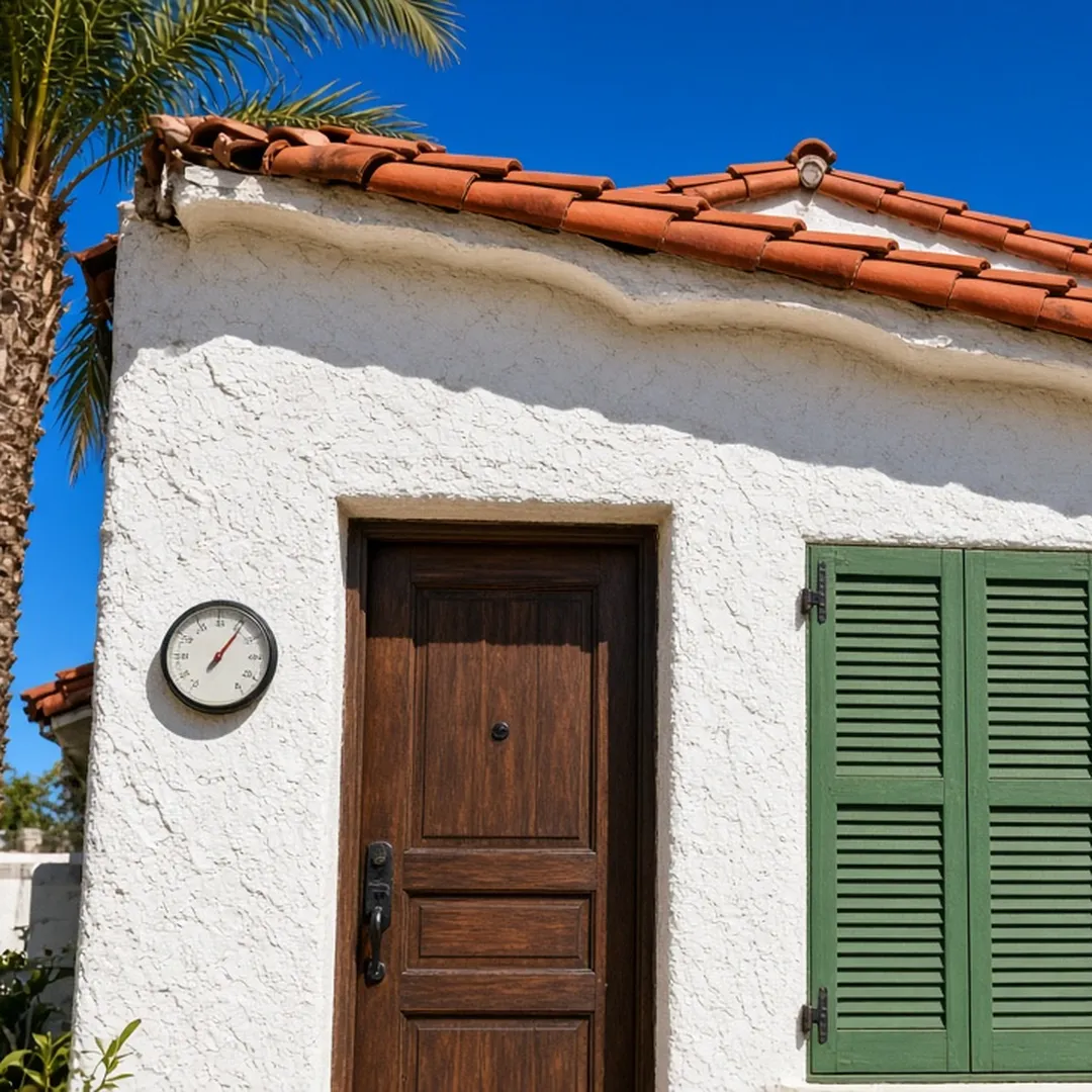 Whitewashed Santa Barbara home with closed green shutters in bright afternoon sun