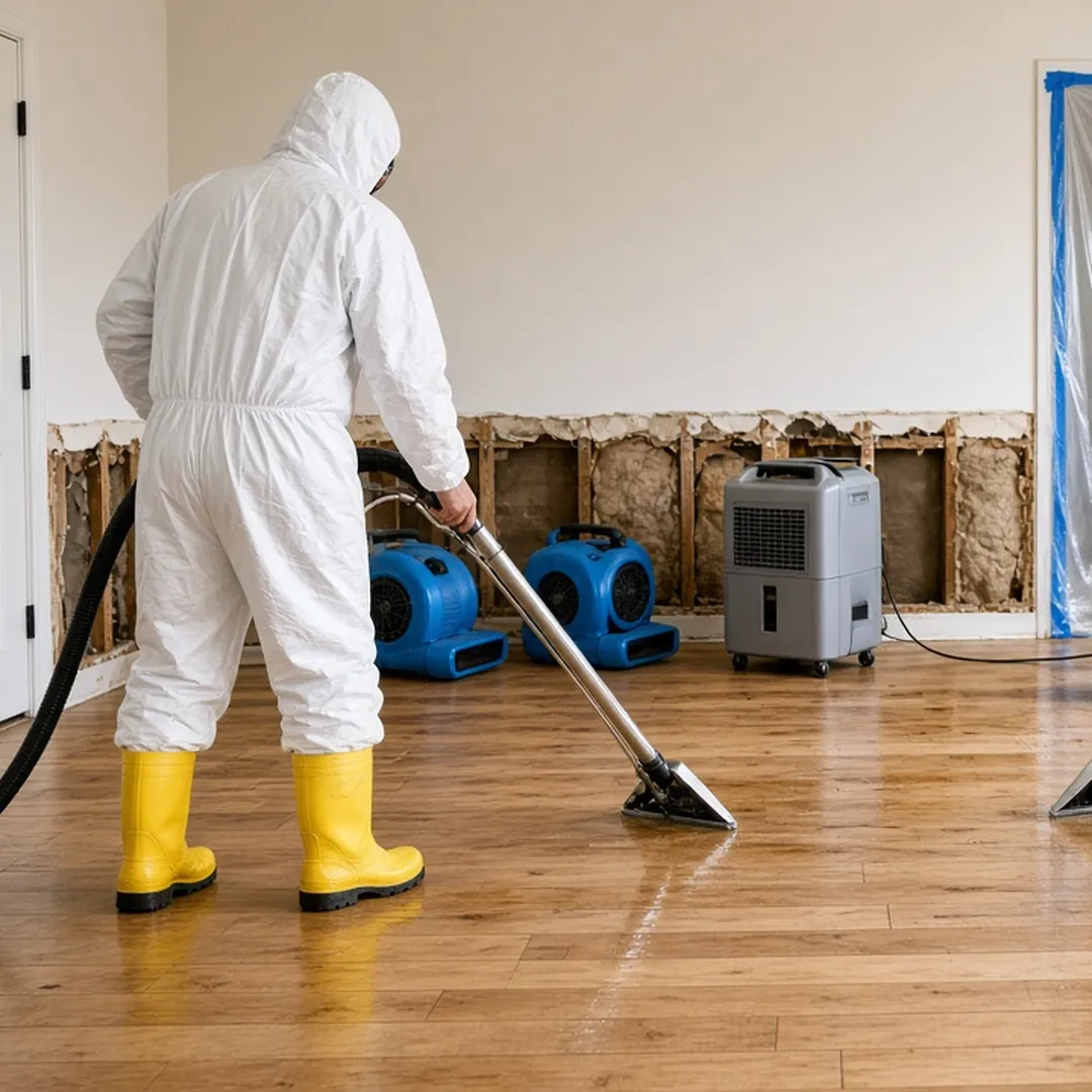 Technician in a protective suit and rubber boots extracting water from a room with drying equipment running